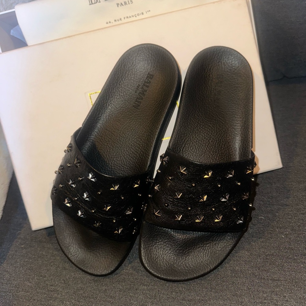 Balmain Black and Gold Studded Sandals